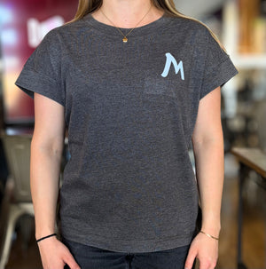 Charcoal Dolman Tee With White M Logo, Wearing Size SMALL.