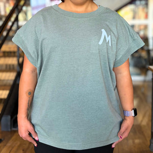 Seafoam Dolman Tee With White M Logo, Wearing Size MEDIUM.