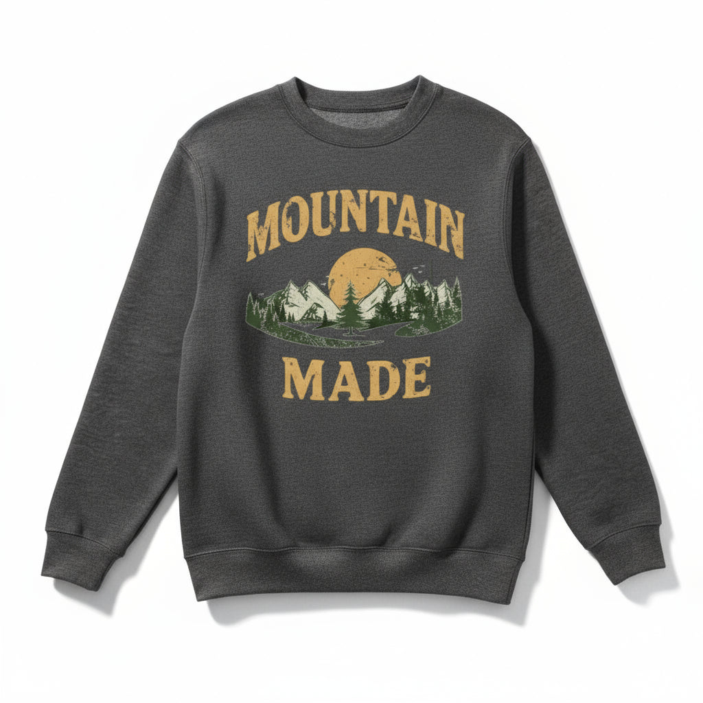 Gray sweatshirt with 'Mountain Made' graphic on a light gray background
