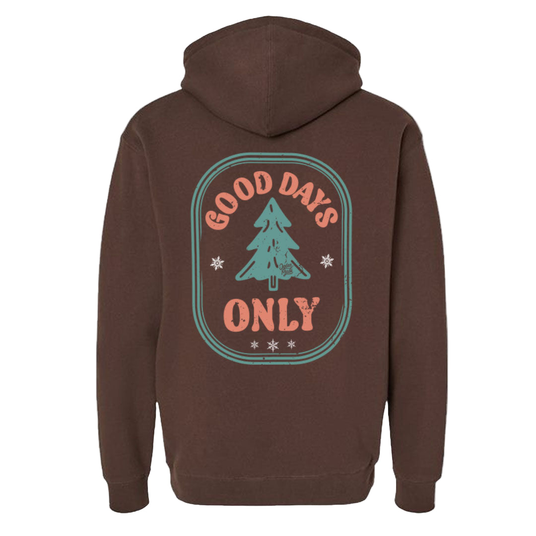 Brown hoodie with a small logo on the chest against a white background