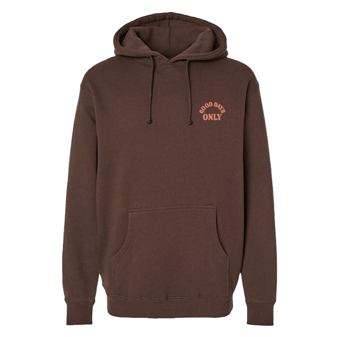 Brown hoodie with a small logo on the chest against a white background