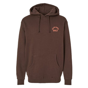 Brown hoodie with a small logo on the chest against a white background