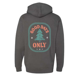 Gray hoodie with 'Good Days Only' and tree design on the back against a white background