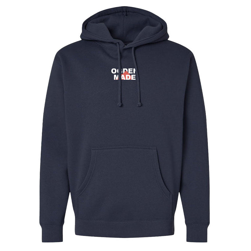 Navy blue hoodie with text on the chest against a white background