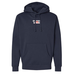 Navy blue hoodie with text on the chest against a white background
